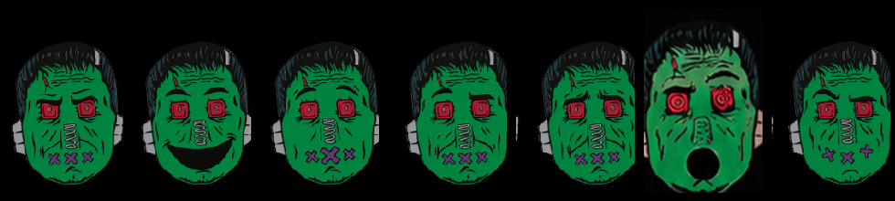 Seven Frankenswitches standard monster pin designs